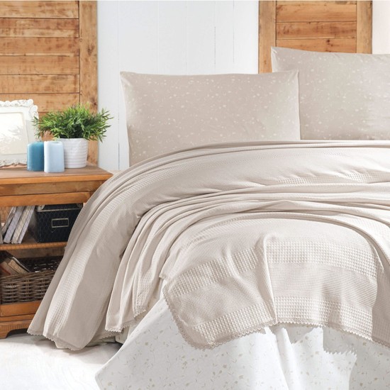 Schafer 4 Parça Flower Bej Çift Kişilik Pike Takımı - TaksitleSchafer 4 Parça Flower Bej Çift Kişilik Pike Takımı